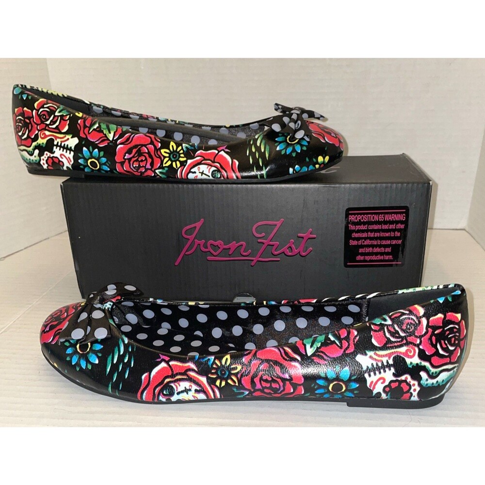 Iron Fist Womens Size 11 Ballet Flats Shoes Flower Roses Polka Dot Bow NEW